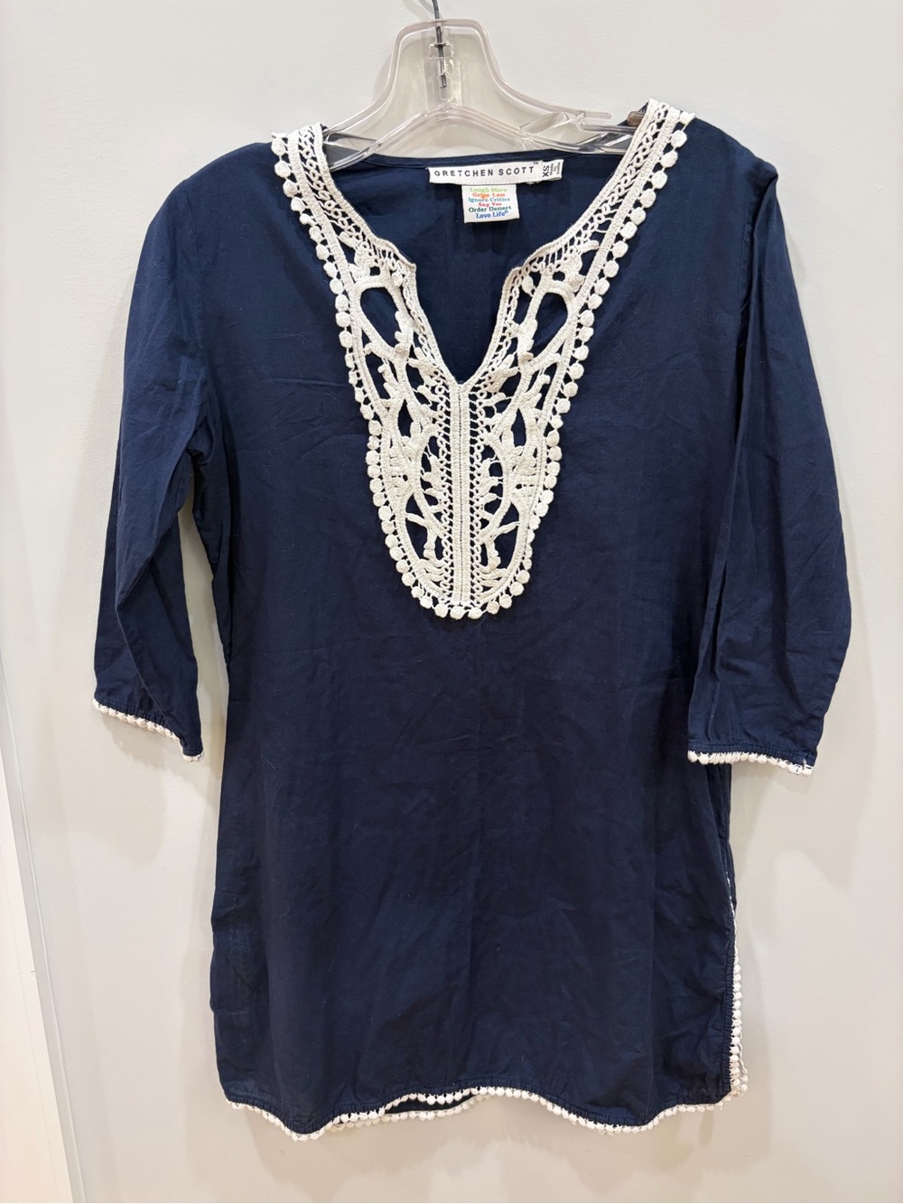 Gretchen Scott Designs Navy Tunic with Ivory Crochet V-Neck 100%cotton size XS